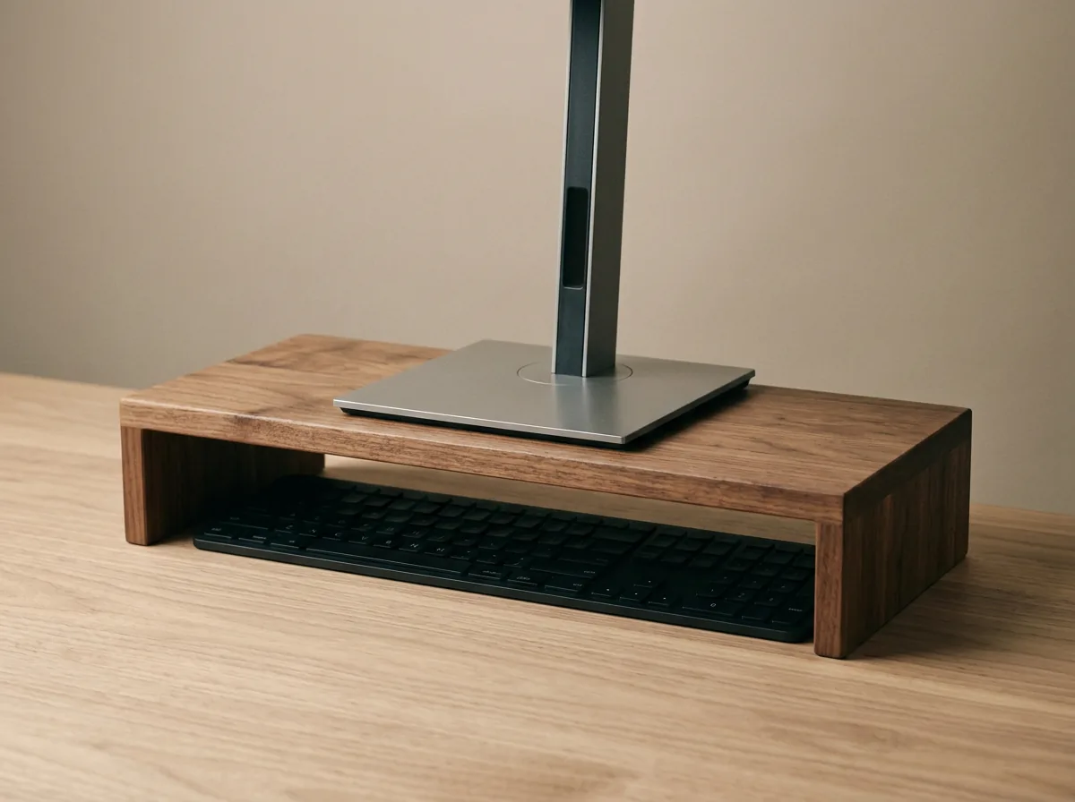 Schreibtischregal aus massivem Nussbaum, das einen Monitorfuß trägt; darunter ist eine Tastatur eingeschoben.