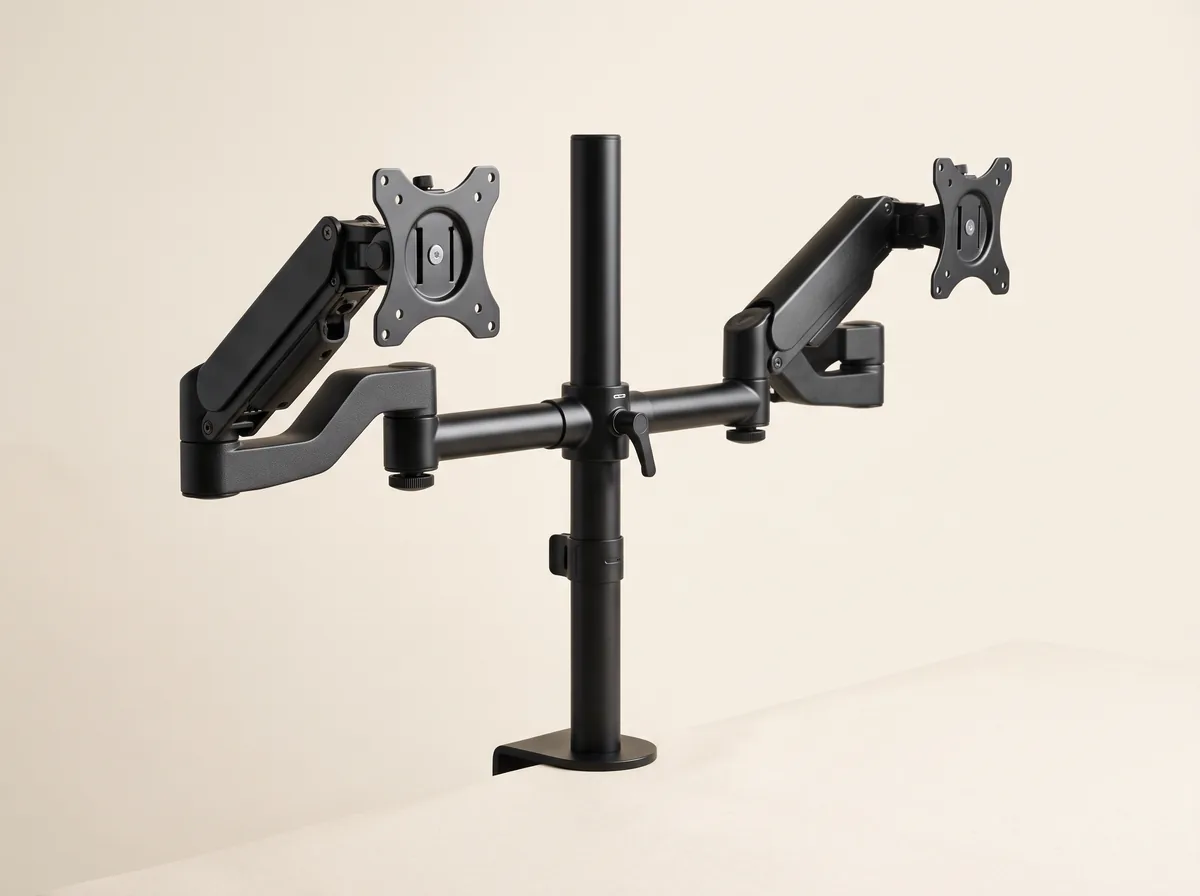 Doppel-Monitorarm: eine zentrale schwarze Säule mit zwei unabhängigen Armen und VESA-Platten.