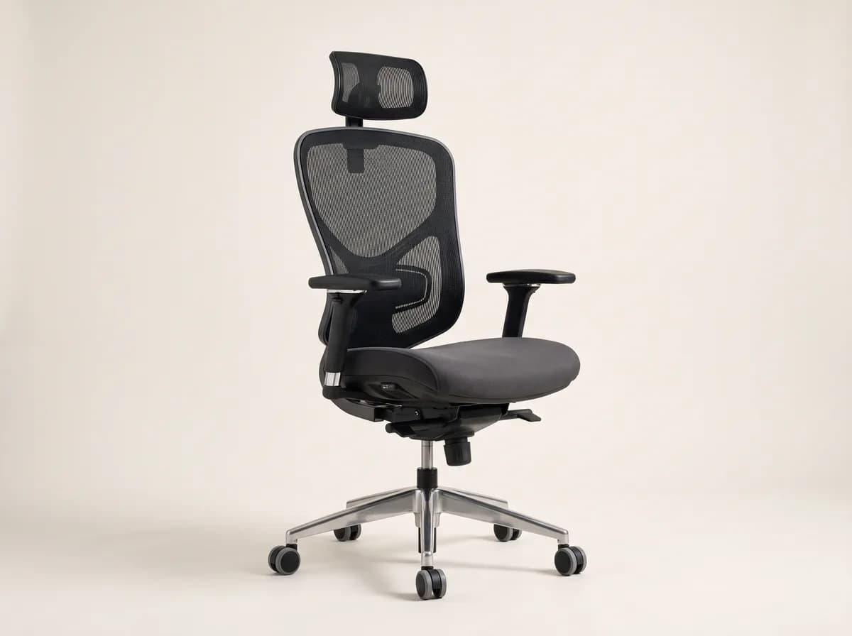 Ergonomischer Bürostuhl mit schwarzem Netzrücken, 4D-Armlehnen und Aluminium-Fünfsternfuß auf Rollen.