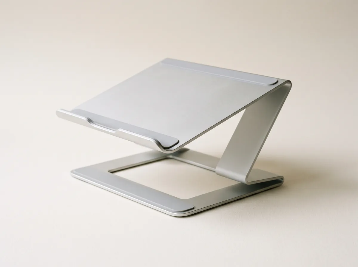 Laptop-Ständer aus einem Stück gefaltetem mattsilbernem Aluminium mit offener Unterseite.