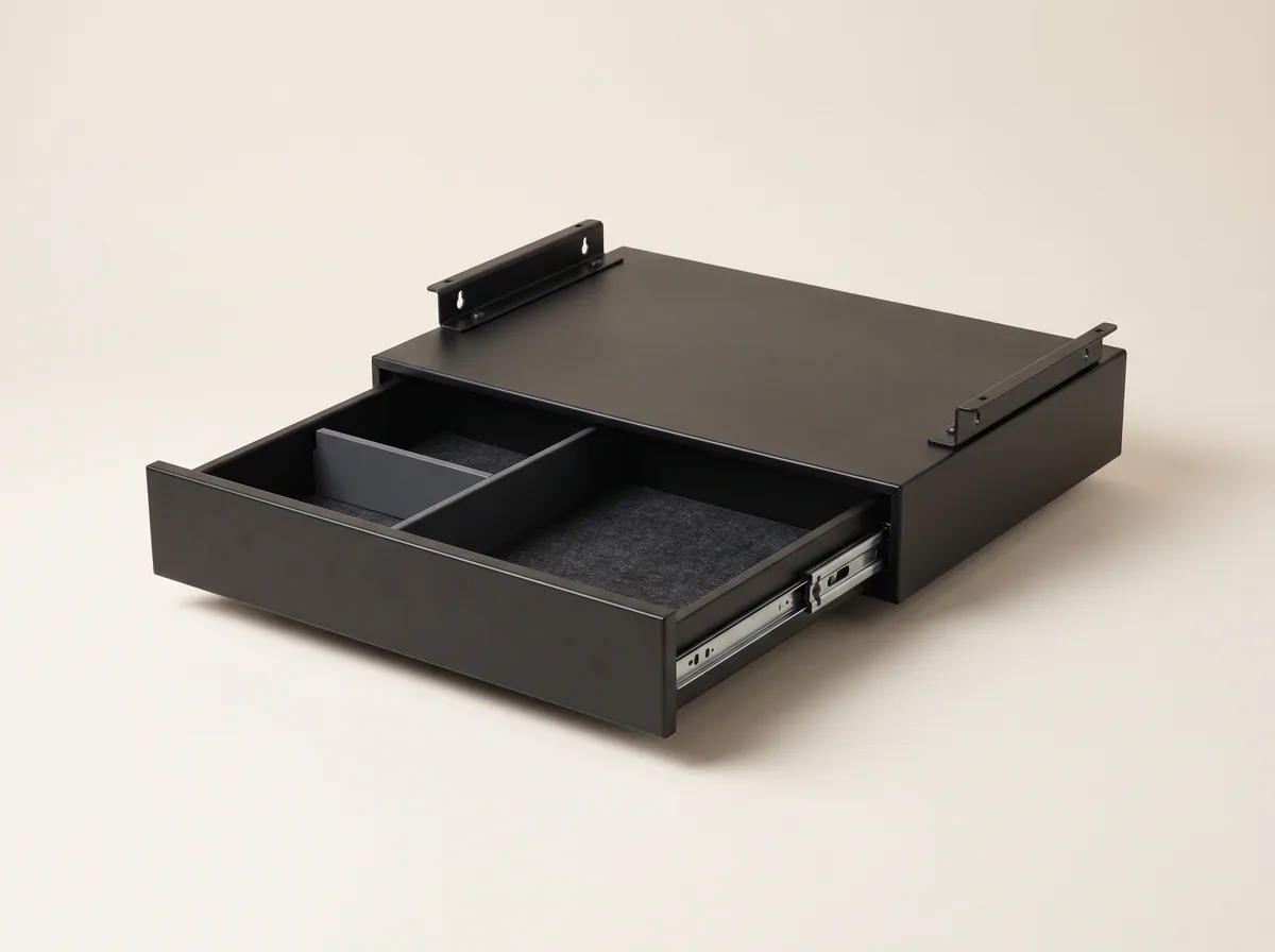 Flache Unterbau-Schublade aus mattschwarzem Stahl, halb geöffnet, mit filzausgekleidetem Boden und Teiler.