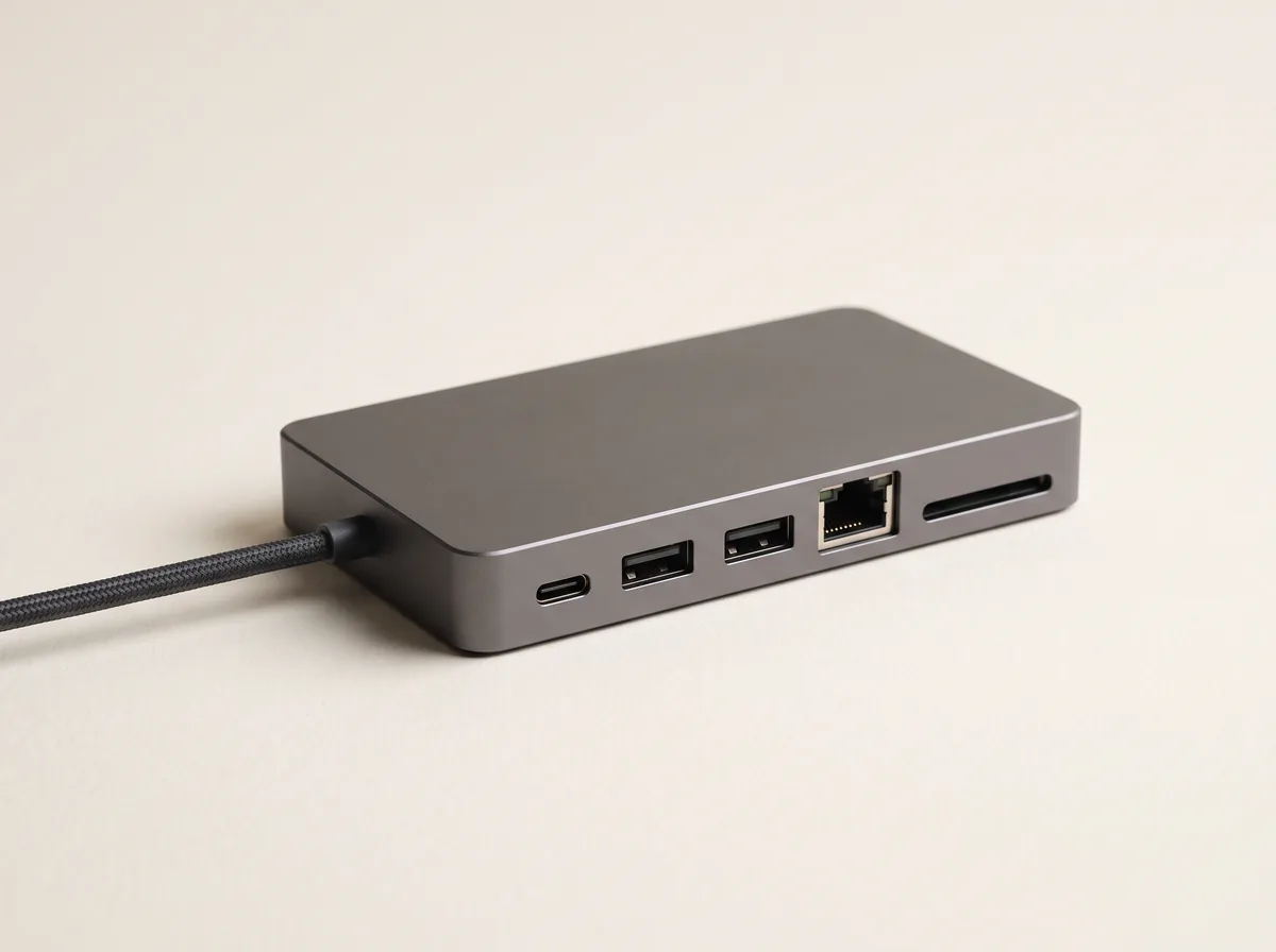 Kompaktes USB-C-Dock aus mattem dunkelgrauem Aluminium mit Portreihe und einem festen Kabel.